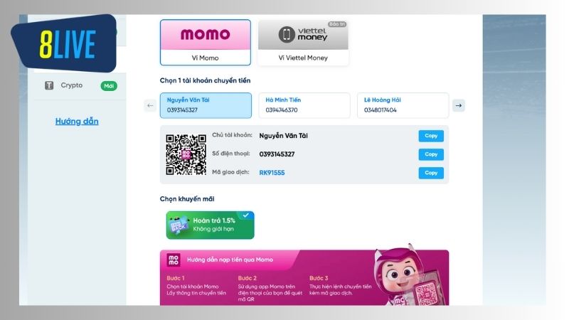 Thương hiệu cho phép hội viên chuyển tiền vào ví game qua ứng dụng MoMo tiện ích