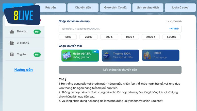 Hệ thống chỉ xử lý các lệnh nạp tiền vào ngân hàng khác dữ liệu nhà cái đã lưu trữ