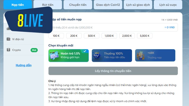 Nhà cái hỗ trợ đa dạng kênh giao dịch thanh toán khoản nạp vào ví game 8Live